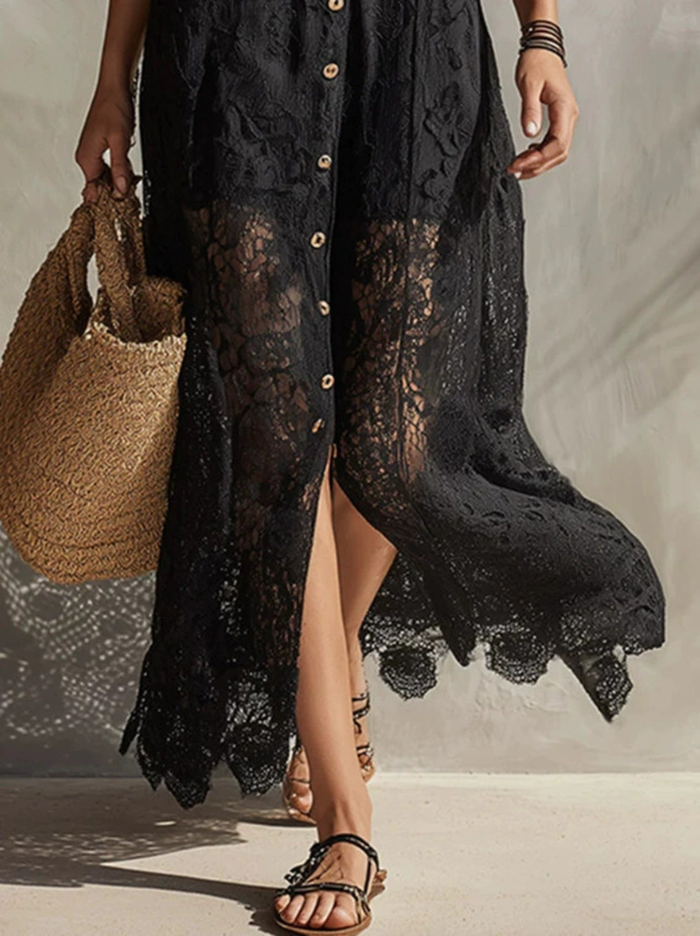 H&M  Elegant Vintage Black Lace Summer Maxi Dress for Women